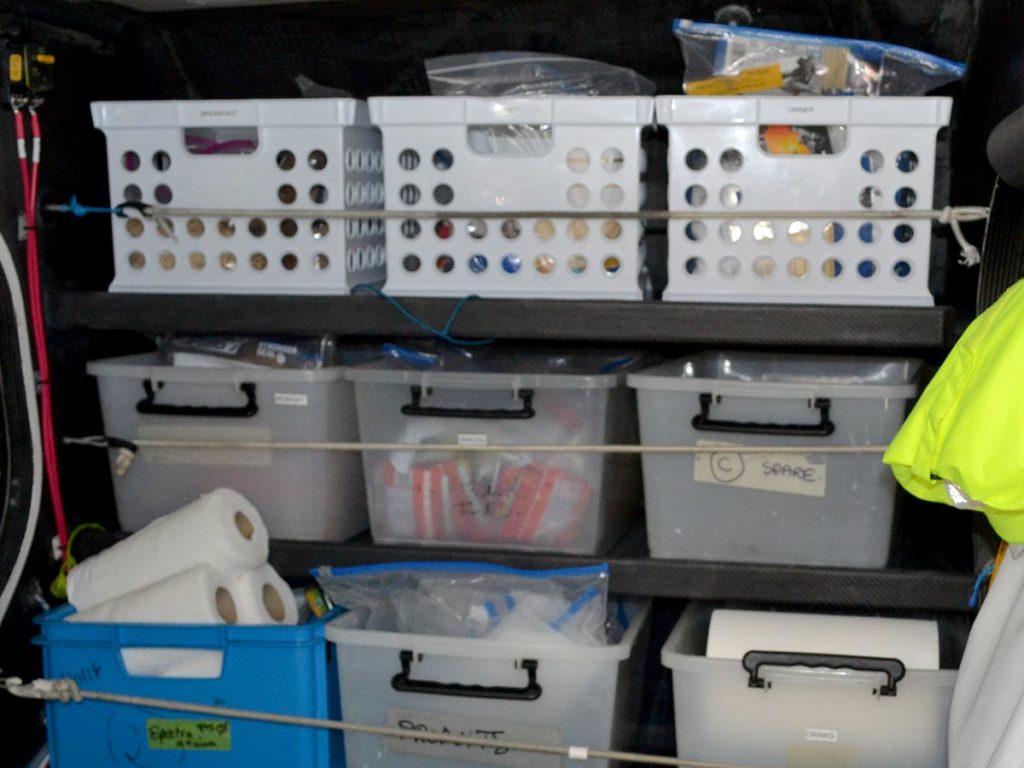 Food storage on board. The bins across the top are for breakfast, lunch, and dinner.